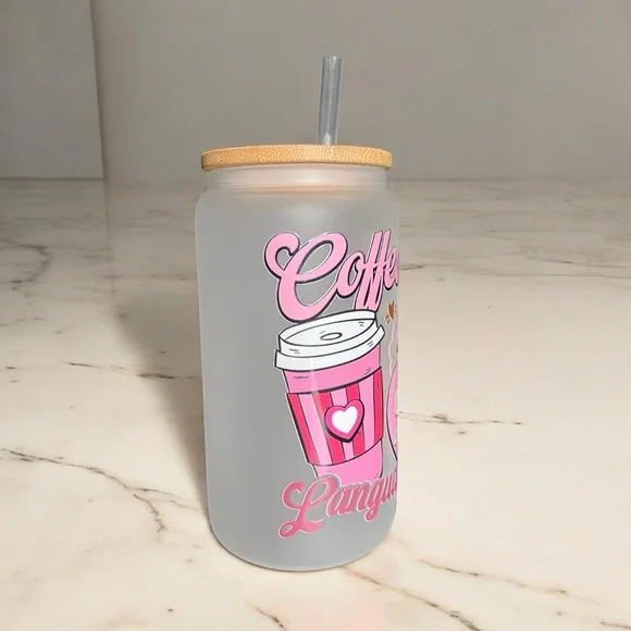 Coffee is my love language handmade glass can cup with bamboo lid and straw - Picture 2 of 4